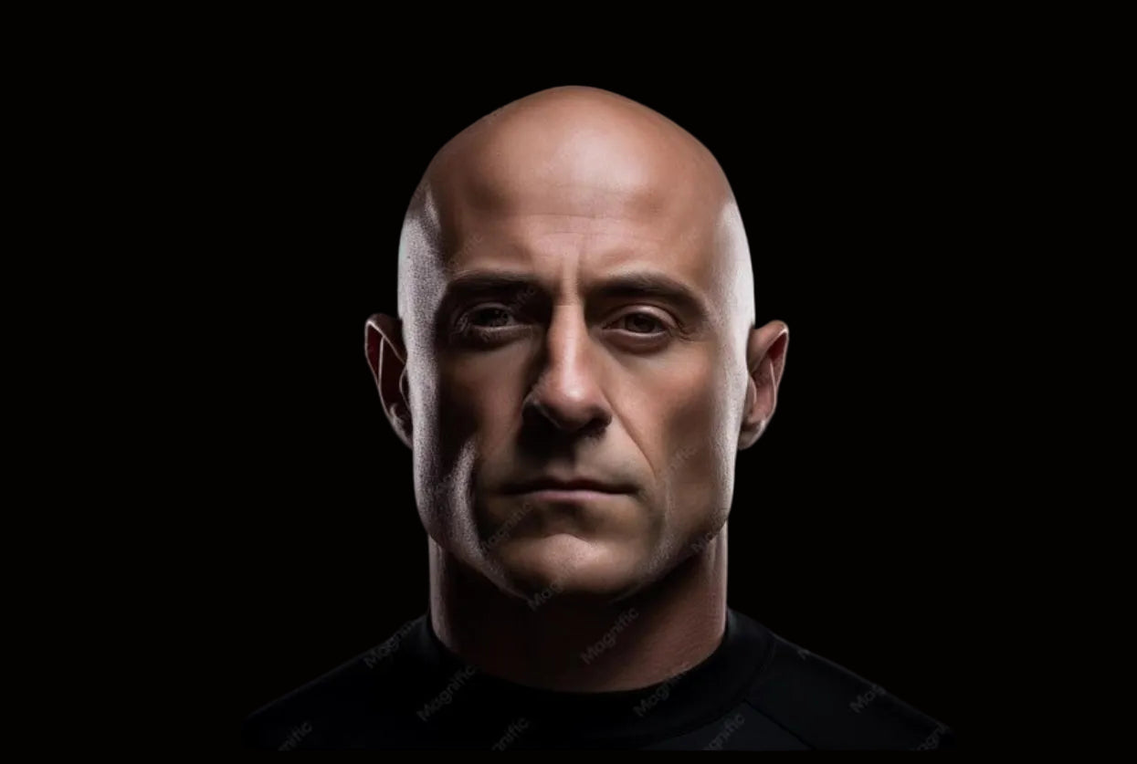 Bald man wearing a black shirt against a dark background